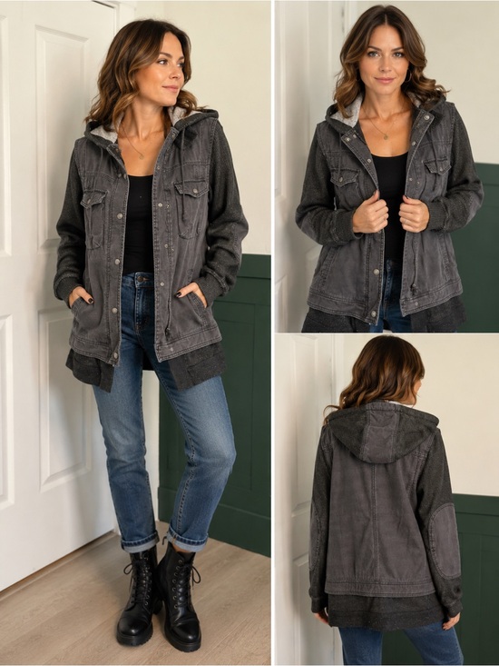Free People Jackets & Blazers - Free People Hooded Utility Jacket Sweater Mix Media Gray S